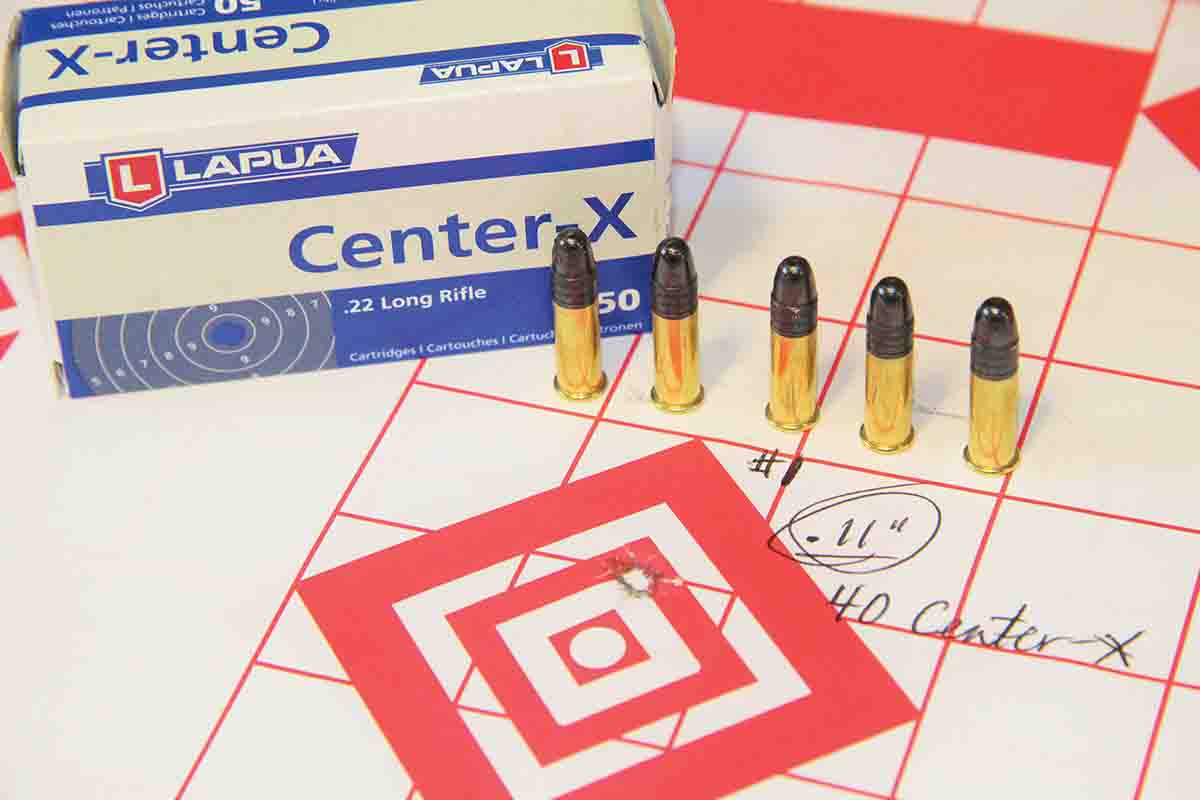 Unsurprisingly, Lapua’s Center-X ammunition assembled the tightest groups with the Vudoo Three 60 .22 LR. Unsurprisingly, because the rifle’s chamber was designed around this ammunition profile.